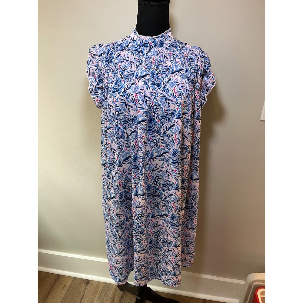 Simply Southern Blue Pink Tropical Palm Print Smocked High Neck Shift Dress M